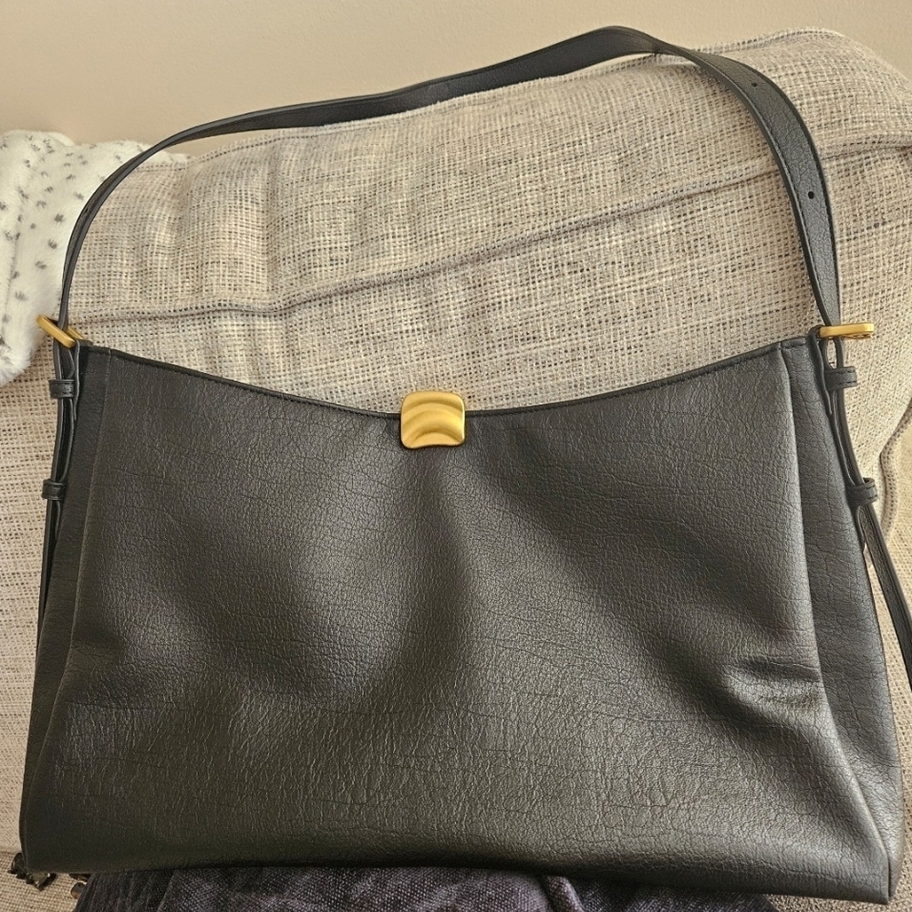 Anthropologie Black Hobo Bag with Gold Accent